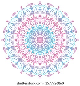 Round gradient mandala in blue and pink colors. Isolated vector mandala on a white background. Illustration for tattoo, henna drawing.