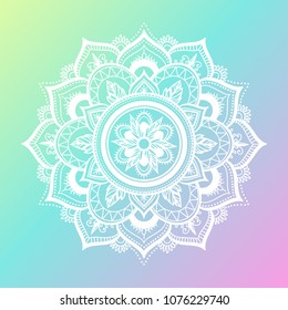 Round gradient mandala on gradient background. Vector boho mandala in green and pink colors. Mandala with floral patterns. Yoga template