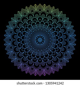 Round gradient mandala on Black isolated background. Vector boho mandala in pink colors. Mandala with floral patterns. Circular pattern in form of mandala for Henna, Mehndi, tattoo, decoration