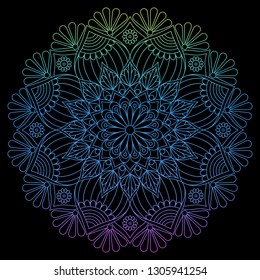 Round gradient mandala on Black isolated background. Vector boho mandala in pink colors. Mandala with floral patterns. Circular pattern in form of mandala for Henna, Mehndi, tattoo, decoration