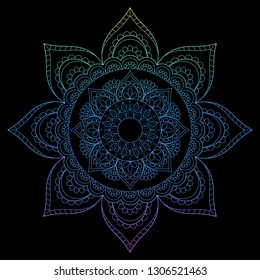 Round gradient mandala on Black isolated background. Vector boho mandala in pink colors. Mandala with floral patterns. Circular pattern in form of mandala for Henna, Mehndi, tattoo, decoration.