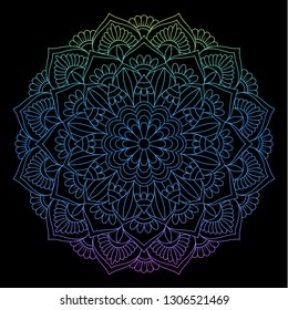 Round gradient mandala on Black isolated background. Vector boho mandala in pink colors. Mandala with floral patterns. Circular pattern in form of mandala for Henna, Mehndi, tattoo, decoration.