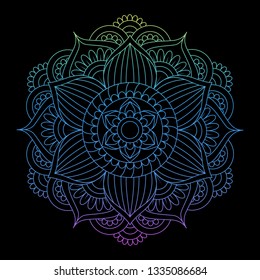 Round gradient mandala on Black isolated background. Vector boho mandala in pink colors. Mandala with floral patterns. Circular pattern in form of mandala for Henna, Mehndi, tattoo, decoration.