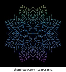 Round gradient mandala on Black isolated background. Vector boho mandala in pink colors. Mandala with floral patterns. Circular pattern in form of mandala for Henna, Mehndi, tattoo, decoration.