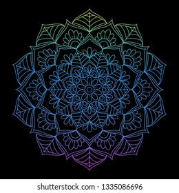 Round gradient mandala on Black isolated background. Vector boho mandala in pink colors. Mandala with floral patterns. Circular pattern in form of mandala for Henna, Mehndi, tattoo, decoration.