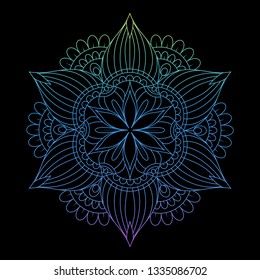 Round gradient mandala on Black isolated background. Vector boho mandala in pink colors. Mandala with floral patterns. Circular pattern in form of mandala for Henna, Mehndi, tattoo, decoration.