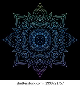 Mandala de degradado redondo sobre fondo aislado negro. Vector boho mandala en colores rosas. Mandala con motivos florales. Patrón circular en forma de mandala para Henna, tatuaje, decoración. - Vector