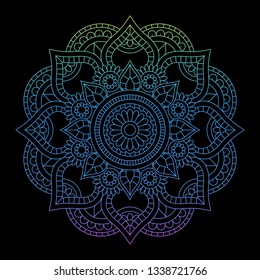 Round gradient mandala on Black isolated background. Vector boho mandala in pink colors. Mandala with floral patterns. Circular pattern in form of mandala for Henna, tattoo, decoration. - Vector