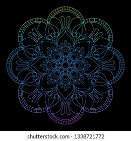 Round gradient mandala on Black isolated background. Vector boho mandala in pink colors. Mandala with floral patterns. Circular pattern in form of mandala for Henna, tattoo, decoration. - Vector