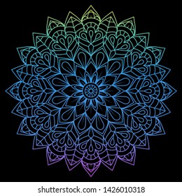 Round gradient mandala on Black isolated background. Vector boho mandala in pink colors. Mandala with floral patterns. Circular pattern in form of mandala for Henna, Mehndi, tattoo, decoration.
