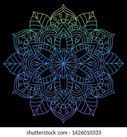 Round gradient mandala on Black isolated background. Vector boho mandala in pink colors. Mandala with floral patterns. Circular pattern in form of mandala for Henna, Mehndi, tattoo, decoration.
