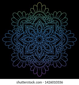 Round gradient mandala on Black isolated background. Vector boho mandala in pink colors. Mandala with floral patterns. Circular pattern in form of mandala for Henna, Mehndi, tattoo, decoration.