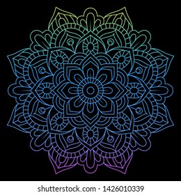 Round gradient mandala on Black isolated background. Vector boho mandala in pink colors. Mandala with floral patterns. Circular pattern in form of mandala for Henna, Mehndi, tattoo, decoration.