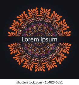 Round gradient mandala on black isolated background. Vector boho mandala in gold and pink colors. Mandala with floral patterns. Yoga template - Vector