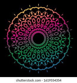 Round gradient mandala on black isolated background. Vector mandala in blue, green, pink and yellow colors. Mandala with floral patterns. Yoga template