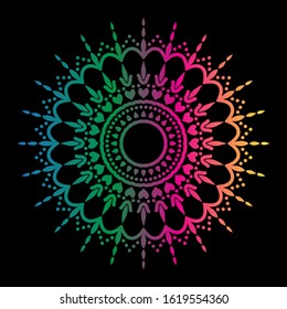 Round gradient mandala on black isolated background. Vector mandala in blue, green, pink and yellow colors. Mandala with floral patterns. Yoga template