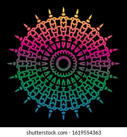 Round gradient mandala on black isolated background. Vector mandala in blue, green, pink and yellow colors. Mandala with floral patterns. Yoga template
