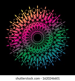 Round gradient mandala on black isolated background. Vector mandala in blue, green, pink and yellow colors. Mandala with floral patterns. Yoga template
