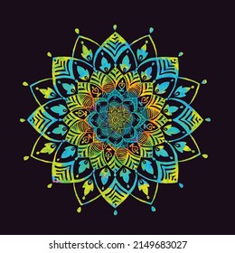 Round gradient mandala on black isolated background. Vector boho mandala in green and red colors. Mandala with floral patterns. Yoga template