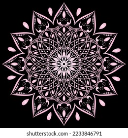 Round gradient mandala on black background. 
Vector mandala in pink gradient colors. Mandala with floral patterns.
bedsheet, pillow template. 