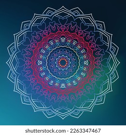 Round gradient mandala on blue isolated background.  Ethnic mandala with colorful tribal ornament Vector boho mandala in blue and red colors. Yoga template