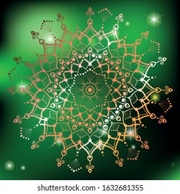 Round gradient mandala on gradient mash background. Vector boho mandala in green and pink colors. Mandala for design. Yoga template