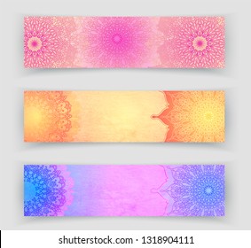 Round gradient mandala on watercolor trace background. Vector boho mandala in violet, orange and pink colors. Mandala with floral patterns. Yoga template