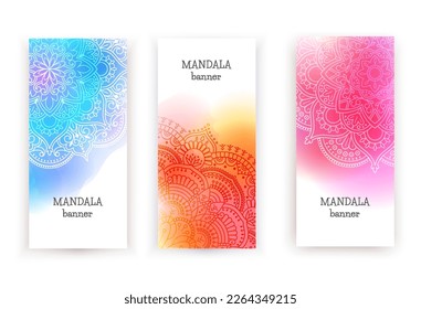 Round gradient mandala on watercolor trace background. Vector boho mandala in green and pink colors. Mandala with floral patterns. Yoga template