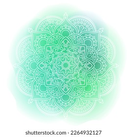 Round gradient mandala on watercolor trace background. Vector boho mandala in turquoise colors. Mandala with floral patterns. Yoga template