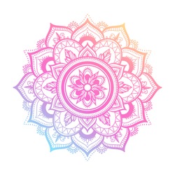 Round Gradient Mandala On White Isolated Background. Vector Boho Mandala In Green And Pink Colors. Mandala With Floral Patterns. Yoga Template