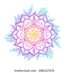 Round gradient mandala on white isolated background. Vector boho mandala in green and pink colors. Mandala with floral patterns. Yoga template