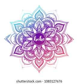 Round gradient mandala on white isolated background. Vector boho mandala in green and pink colors. Mandala with floral patterns. Yoga template