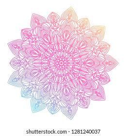 Round gradient mandala on white isolated background. Vector boho mandala in blue and pink colors. Mandala with floral patterns. Yoga template