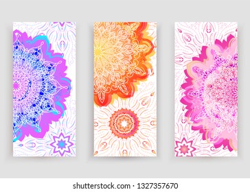 Round gradient mandala on white background. Vector boho mandala in violet, orange and pink colors. Mandala with floral patterns. Yoga template