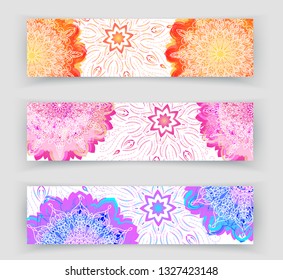Round gradient mandala on white background. Vector boho mandala in violet, orange and pink colors. Mandala with floral patterns. Yoga template