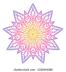 Round gradient mandala on white isolated background. Vector boho Mandala with floral patterns. Yoga concept