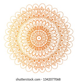 Round gradient mandala on white isolated background. Vector boho mandala in yellow and orange colors. Mandala with floral patterns. Yoga template
