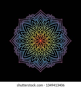 Round gradient mandala on white isolated background. Vector boho mandala in green and pink colors. Mandala with floral patterns. Yoga template