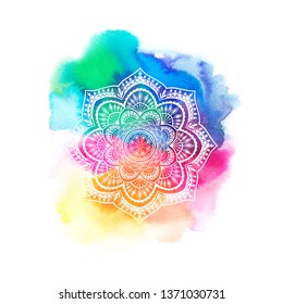 Round gradient mandala on white isolated background. Mandala over colorful watercolor. Beautiful vintage round pattern. 