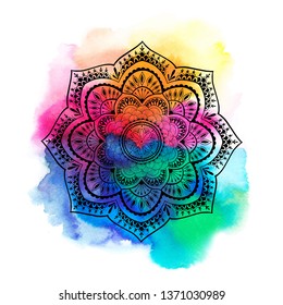 Round gradient mandala on white isolated background. Mandala over colorful watercolor. Beautiful vintage round pattern. 