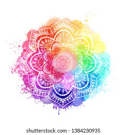 Round gradient mandala on white isolated background. Mandala over colorful watercolor. Beautiful vintage round pattern. - Vector