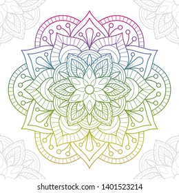 Round gradient mandala on white isolated background.Vector ornamental mandala inspired ethnic art, patterned Indian paisley. Hand drawn illustration. Vector Illustration