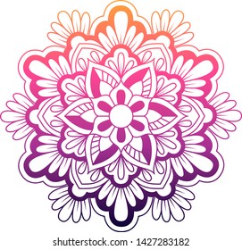  Round gradient mandala on white isolated background. Vector boho mandala in pink colors. Mandala with floral patterns. Ethnic mandala with colorful tribal ornament. Isolated. Vector illustration.