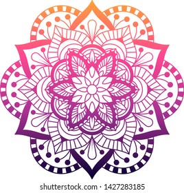  Round gradient mandala on white isolated background. Vector boho mandala in pink colors. Mandala with floral patterns. Ethnic mandala with colorful tribal ornament. Isolated. Vector illustration.