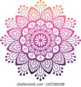  Round gradient mandala on white isolated background. Vector boho mandala in pink colors. Mandala with floral patterns. Ethnic mandala with colorful tribal ornament. Isolated. Vector illustration.