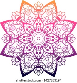 Round gradient mandala on white isolated background. Vector boho mandala in pink colors. Mandala with floral patterns. Ethnic mandala with colorful tribal ornament. Isolated. Vector illustration.