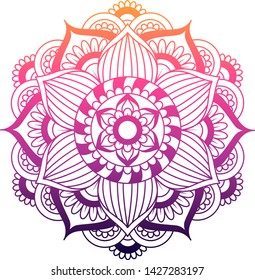  Round gradient mandala on white isolated background. Vector boho mandala in pink colors. Mandala with floral patterns. Ethnic mandala with colorful tribal ornament. Isolated. Vector illustration.