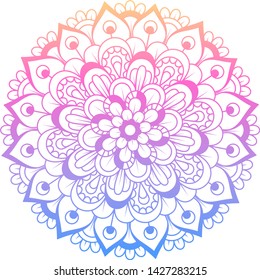  Round gradient mandala on white isolated background. Vector boho mandala in pink colors. Mandala with floral patterns. Ethnic mandala with colorful tribal ornament. Isolated. Vector illustration.