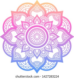  Round gradient mandala on white isolated background. Vector boho mandala in pink colors. Mandala with floral patterns. Ethnic mandala with colorful tribal ornament. Isolated. Vector illustration.