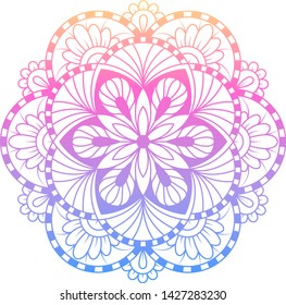  Round gradient mandala on white isolated background. Vector boho mandala in pink colors. Mandala with floral patterns. Ethnic mandala with colorful tribal ornament. Isolated. Vector illustration.